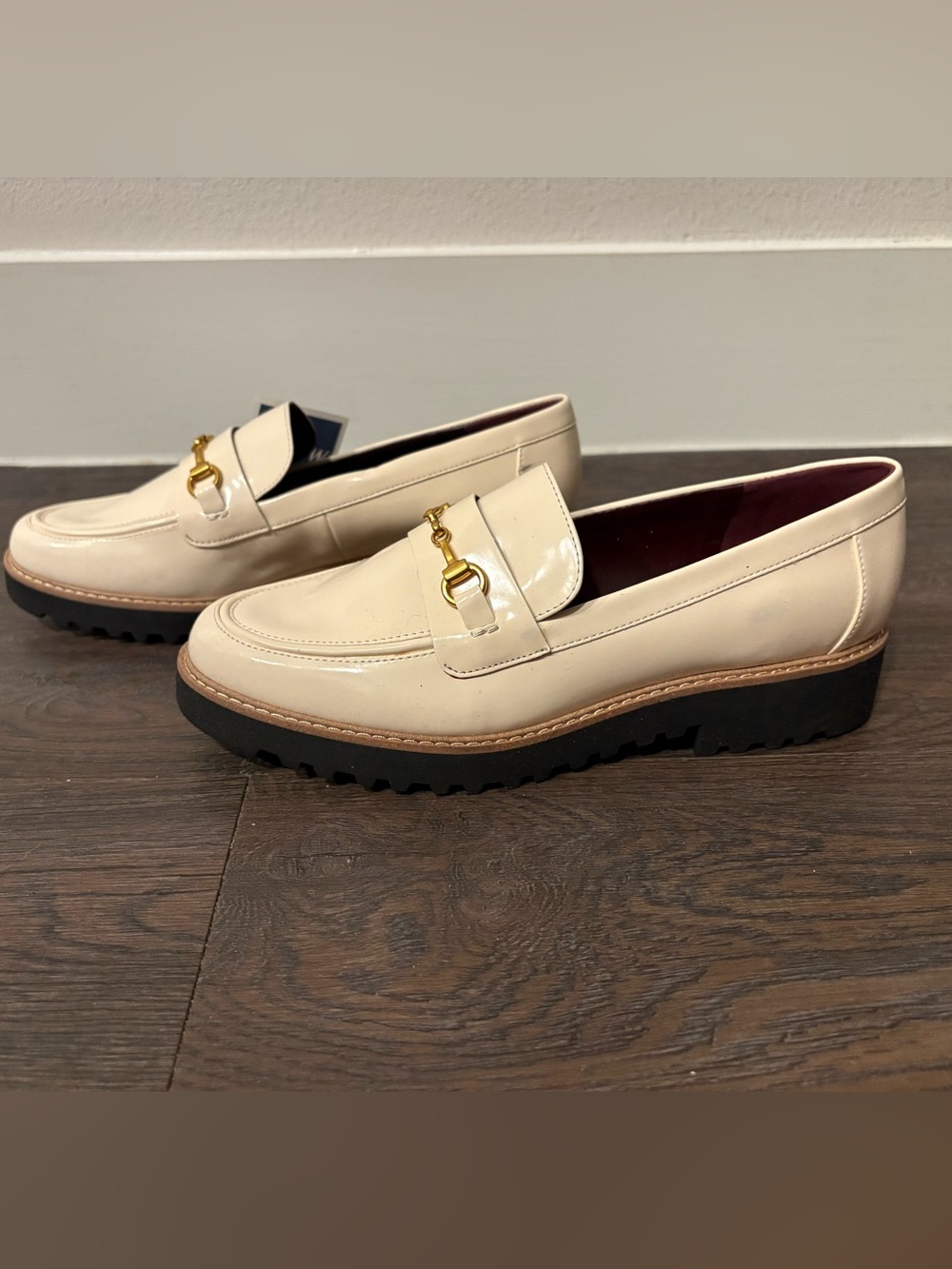 Franco Sarto Cream Patent Loafers with Gold Bit